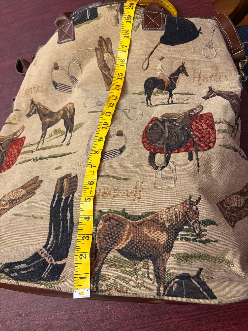 Vintage Oleg Cassini Beige Equestrian-Print Canvas Tote with Brown Trim - Picture 8 of 13